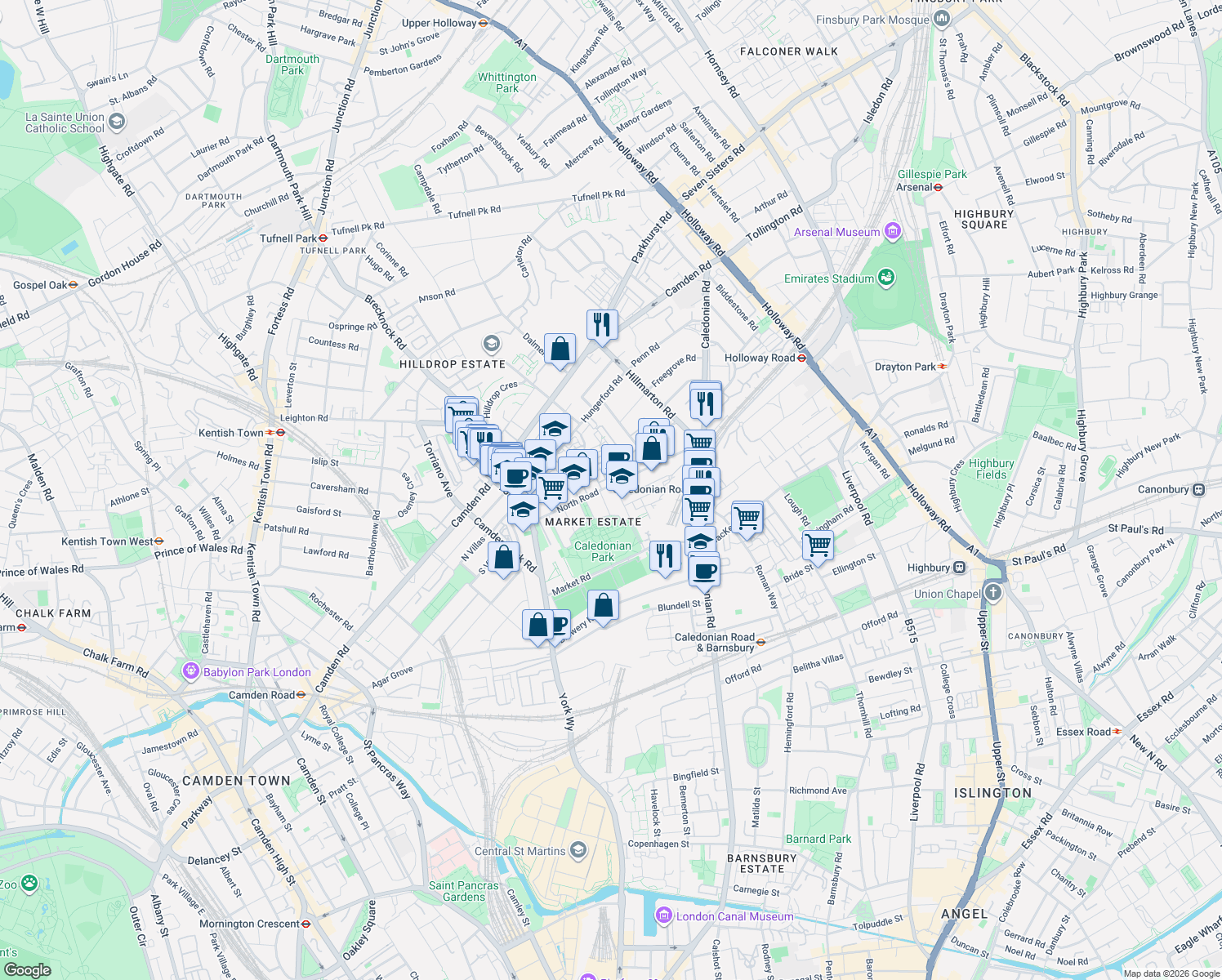 map of restaurants, bars, coffee shops, grocery stores, and more near 32 North Road in Greater London
