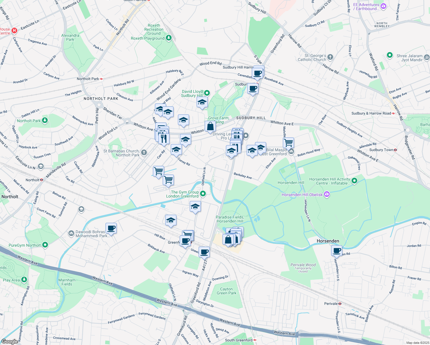 map of restaurants, bars, coffee shops, grocery stores, and more near Tillermans Court in Greater London