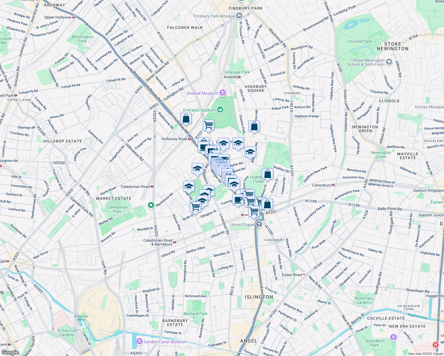 map of restaurants, bars, coffee shops, grocery stores, and more near 131 Holloway Road in Greater London