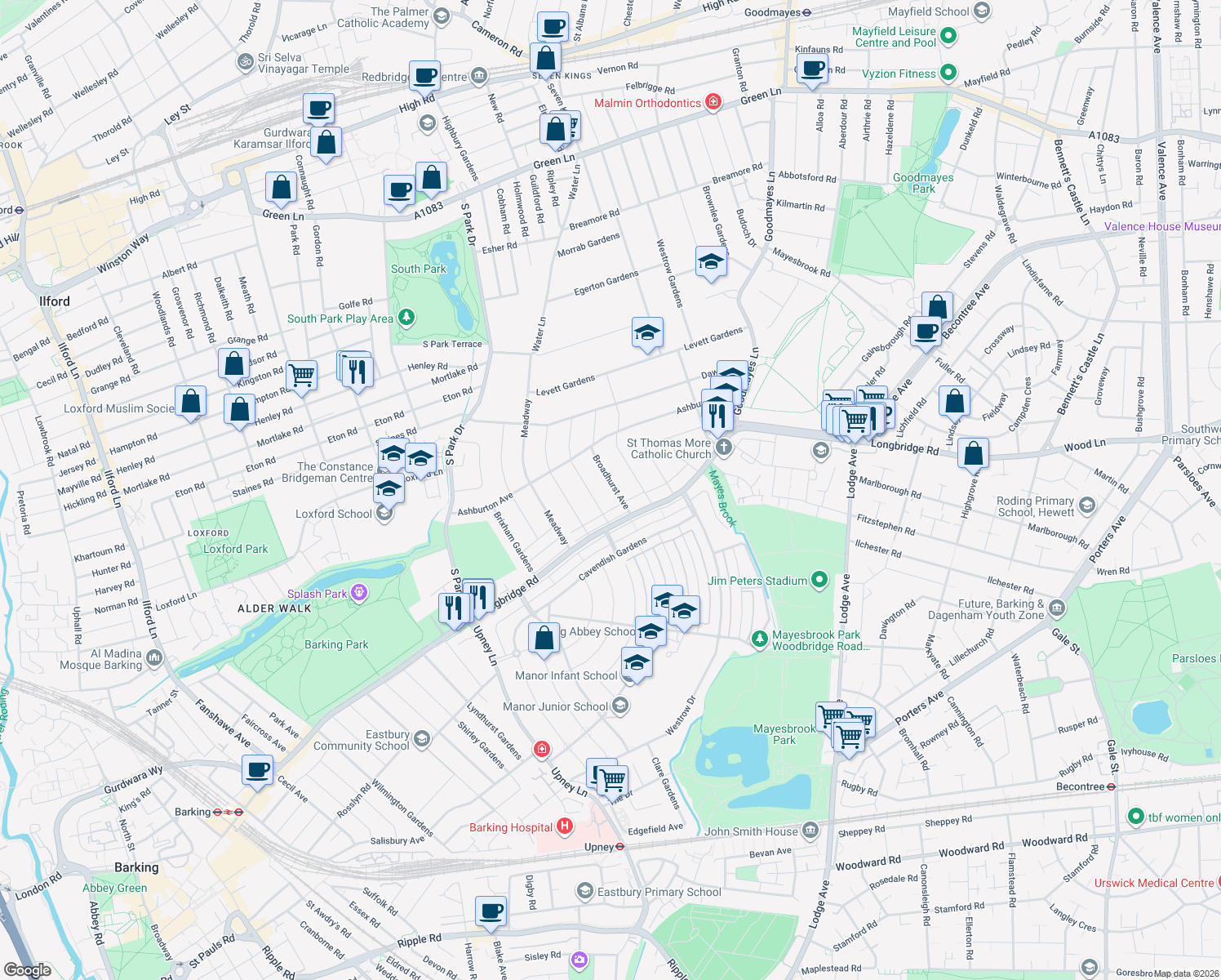 map of restaurants, bars, coffee shops, grocery stores, and more near 38 Broadhurst Avenue in Greater London