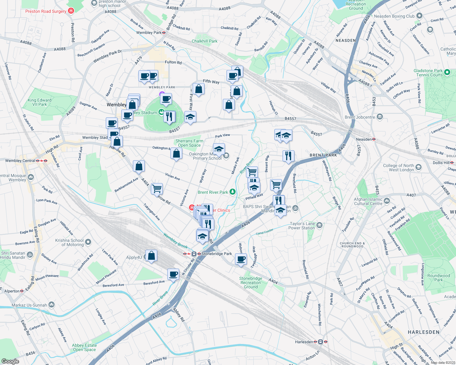 map of restaurants, bars, coffee shops, grocery stores, and more near Monks Park in Greater London