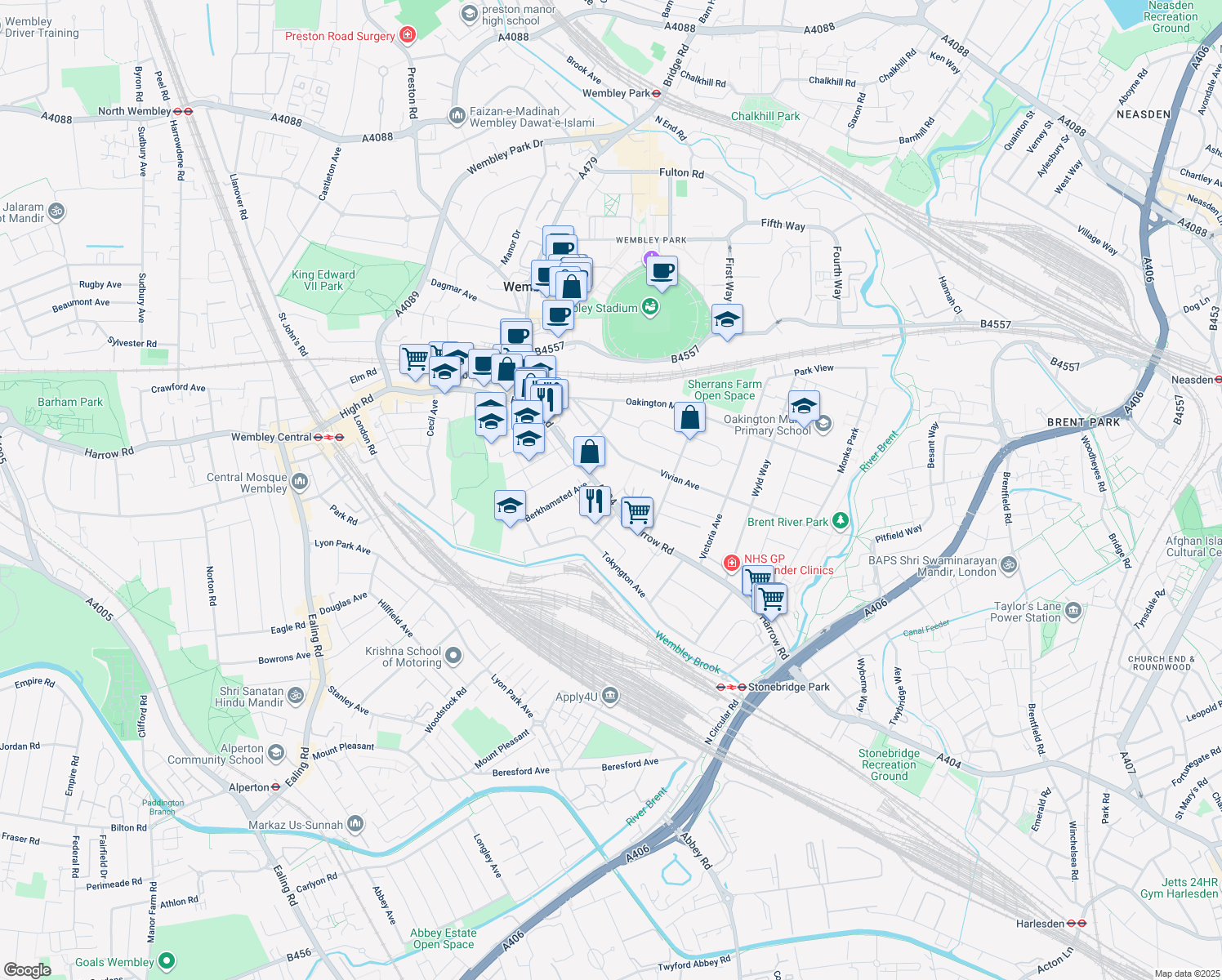 map of restaurants, bars, coffee shops, grocery stores, and more near 228 Harrow Road in Greater London