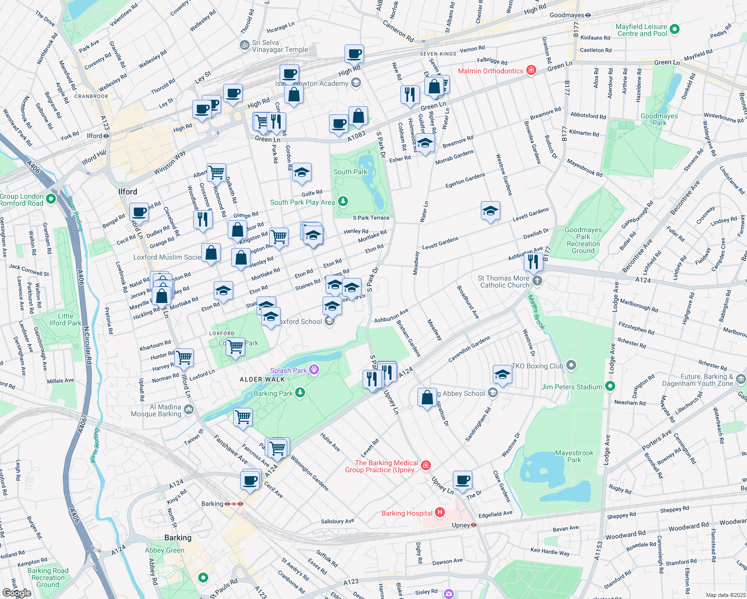 map of restaurants, bars, coffee shops, grocery stores, and more near 245 South Park Drive in Greater London
