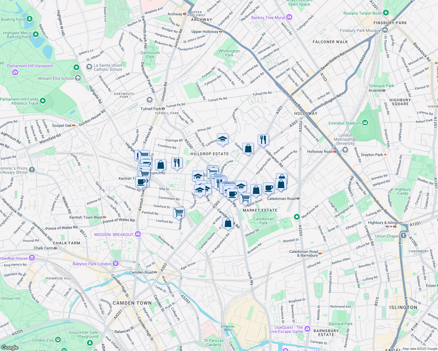 map of restaurants, bars, coffee shops, grocery stores, and more near 42 Hilldrop Crescent in Greater London