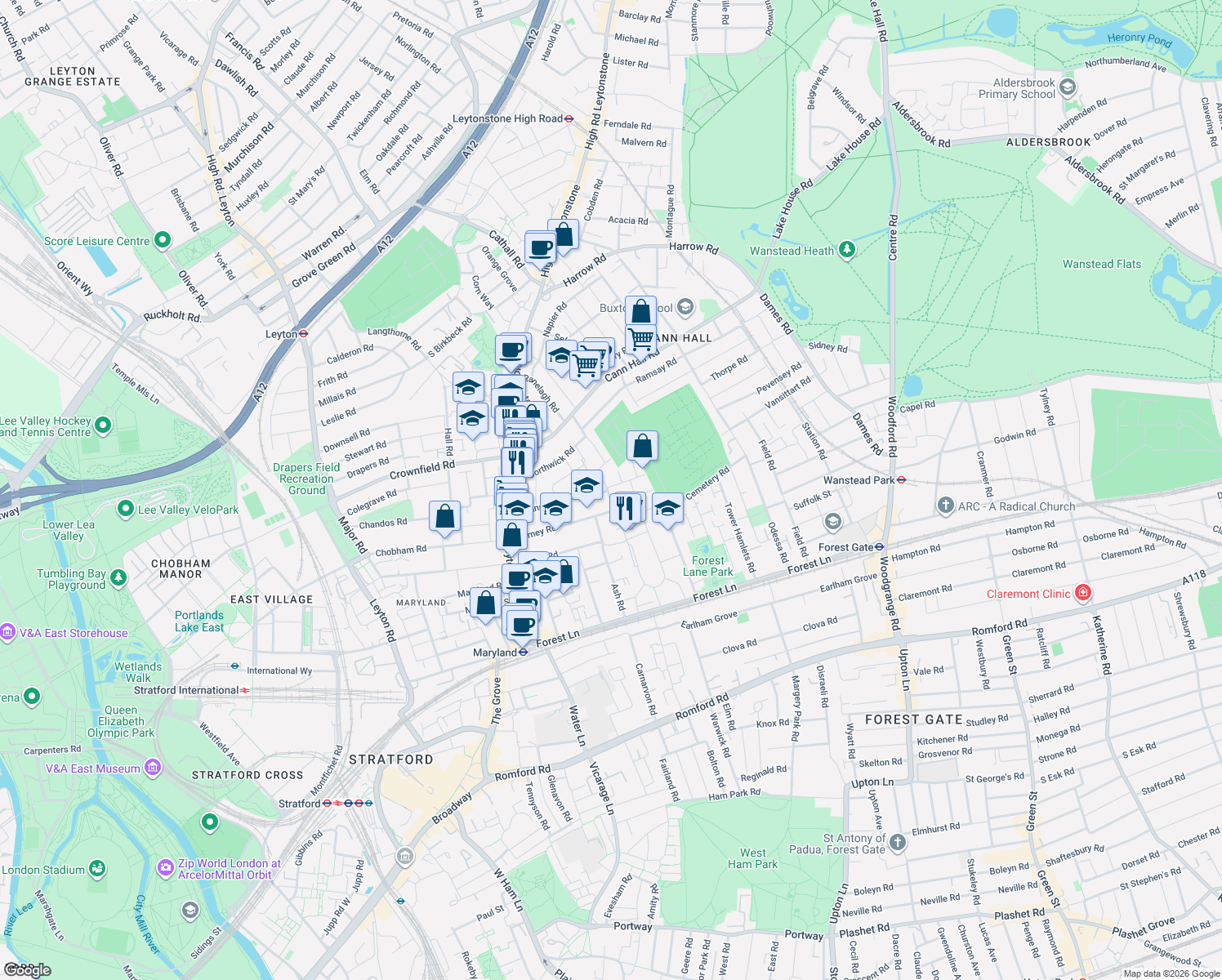 map of restaurants, bars, coffee shops, grocery stores, and more near in London