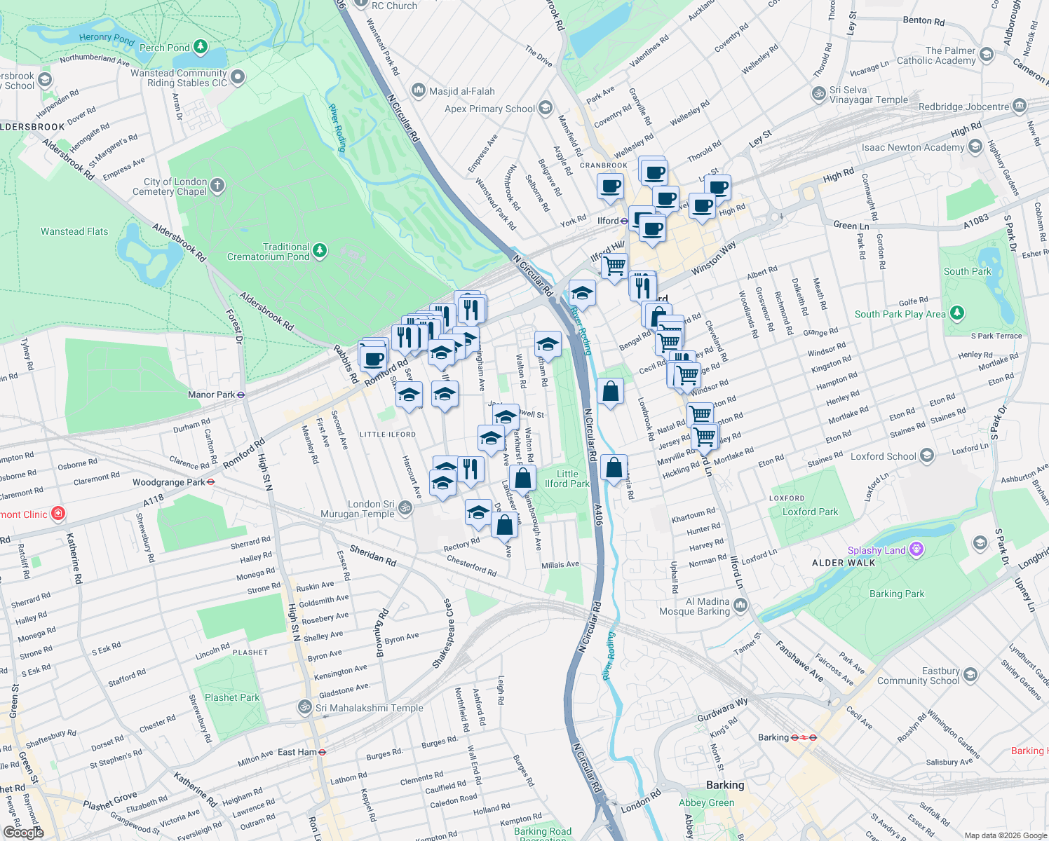 map of restaurants, bars, coffee shops, grocery stores, and more near in Greater London