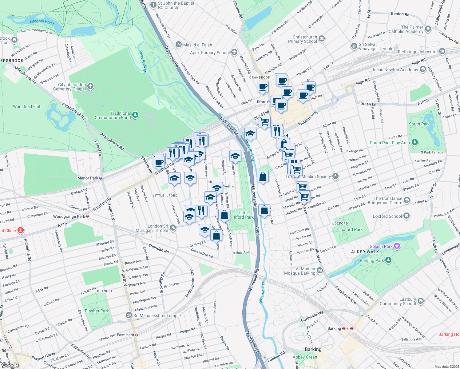map of restaurants, bars, coffee shops, grocery stores, and more near in Greater London
