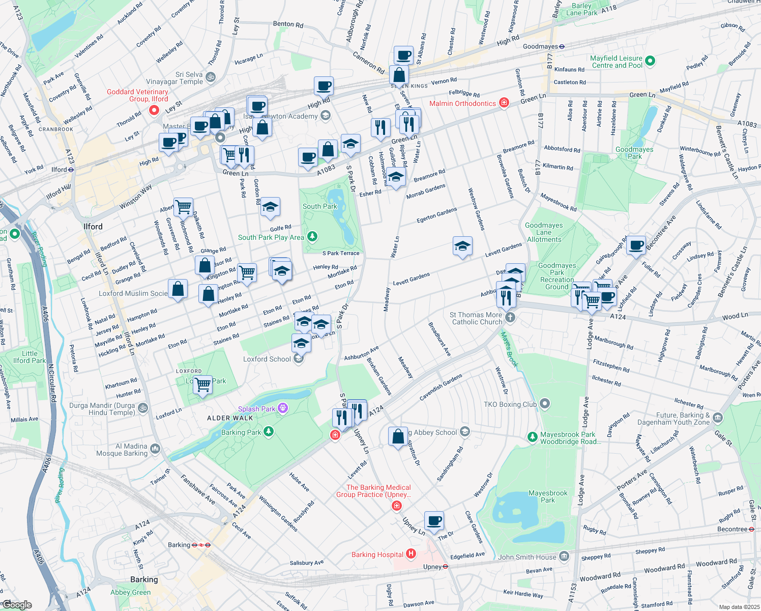 map of restaurants, bars, coffee shops, grocery stores, and more near 36 Dawlish Drive in Greater London