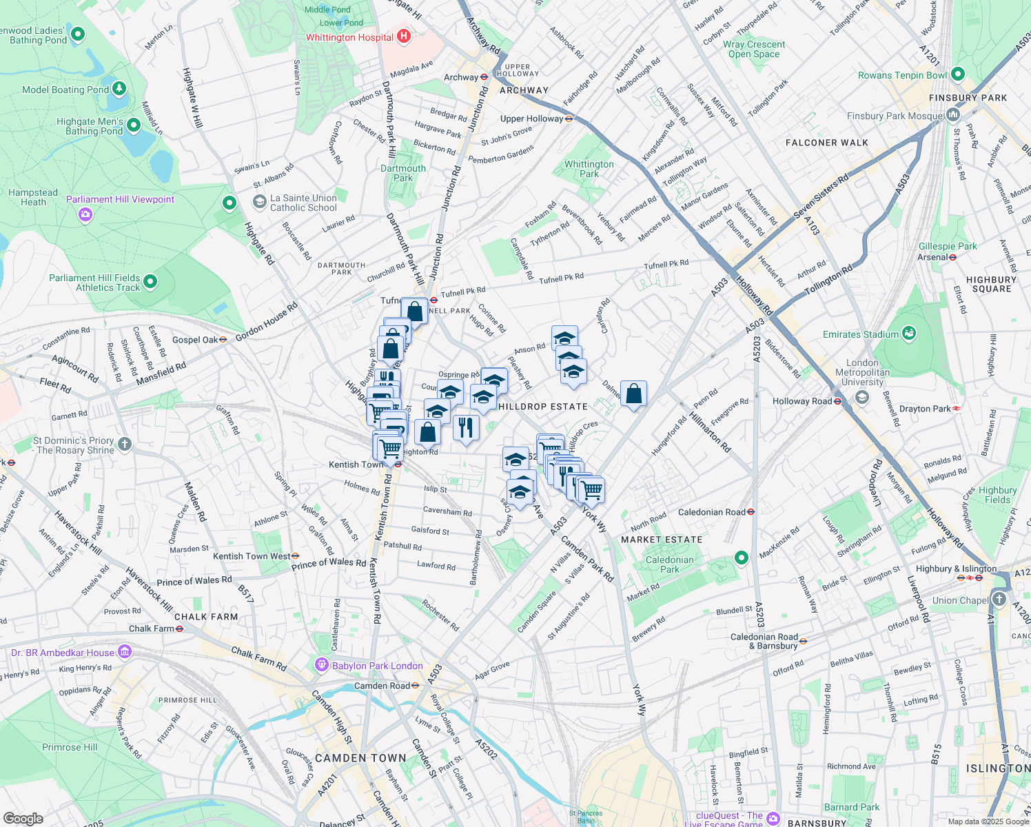 map of restaurants, bars, coffee shops, grocery stores, and more near Brecknock Road in Greater London