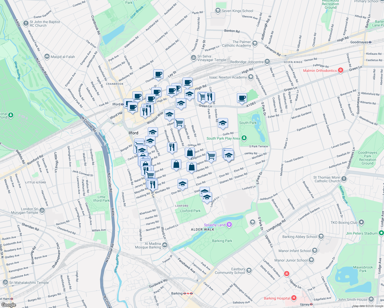 map of restaurants, bars, coffee shops, grocery stores, and more near in Ilford