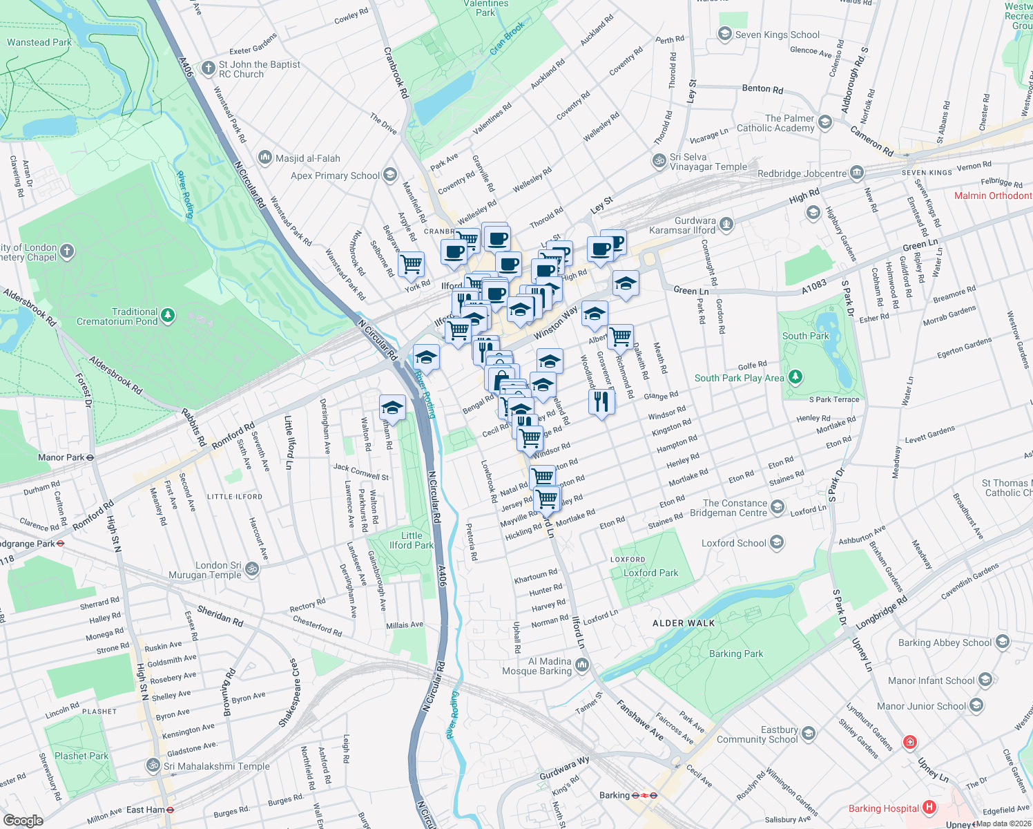 map of restaurants, bars, coffee shops, grocery stores, and more near in Ilford