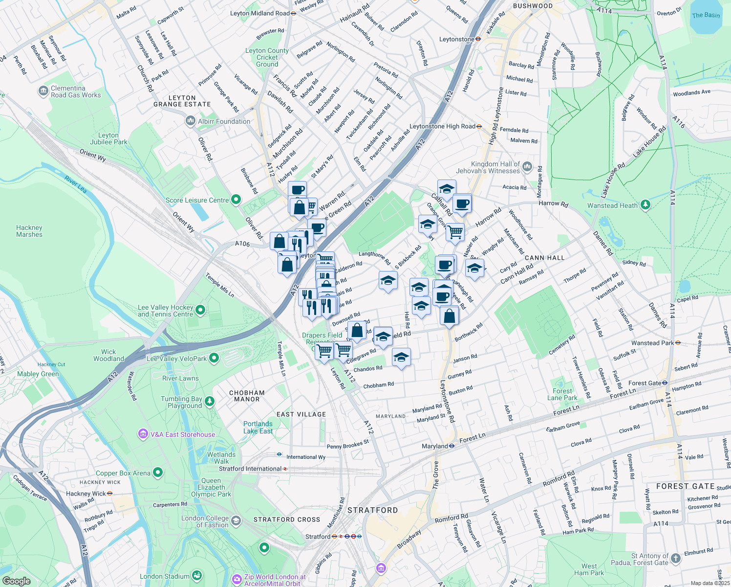 map of restaurants, bars, coffee shops, grocery stores, and more near 92 Millais Road in Greater London