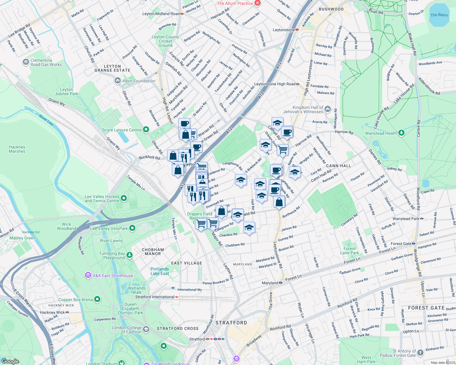 map of restaurants, bars, coffee shops, grocery stores, and more near 92 Millais Road in Greater London