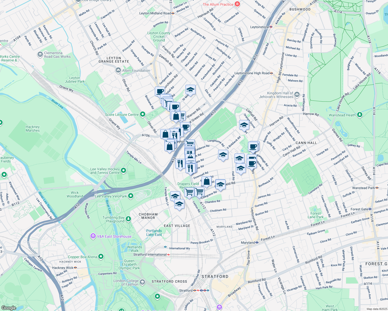 map of restaurants, bars, coffee shops, grocery stores, and more near 11 Frith Road in Greater London