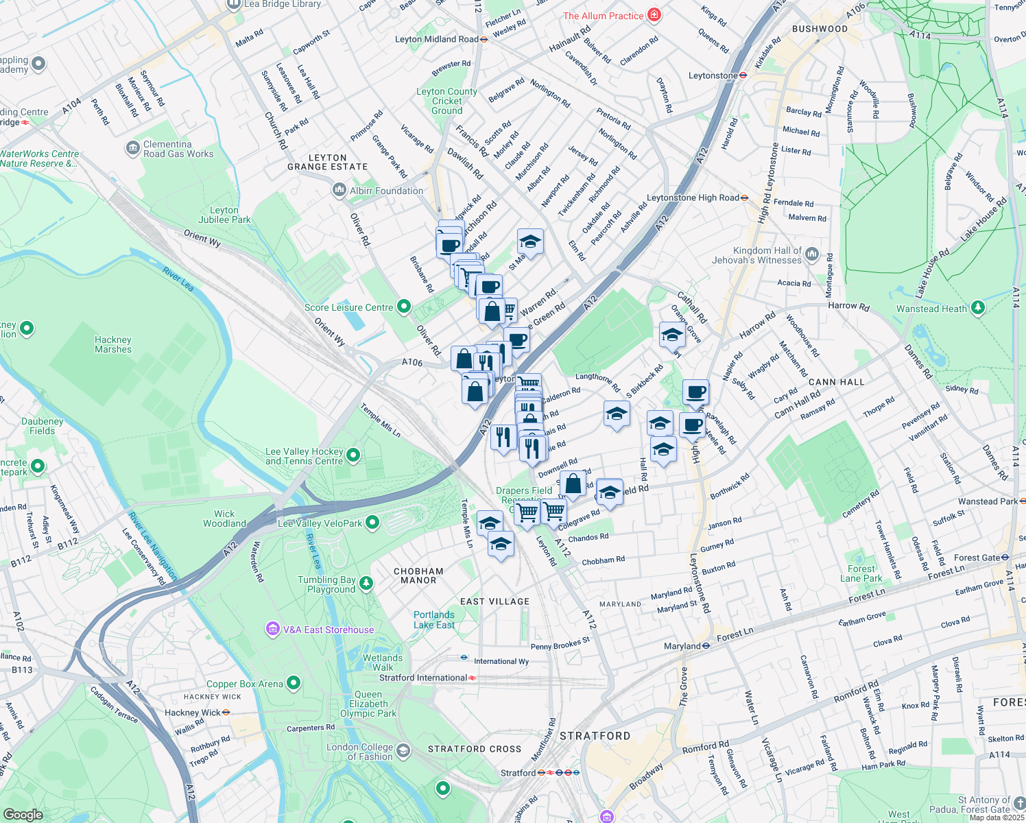map of restaurants, bars, coffee shops, grocery stores, and more near in London