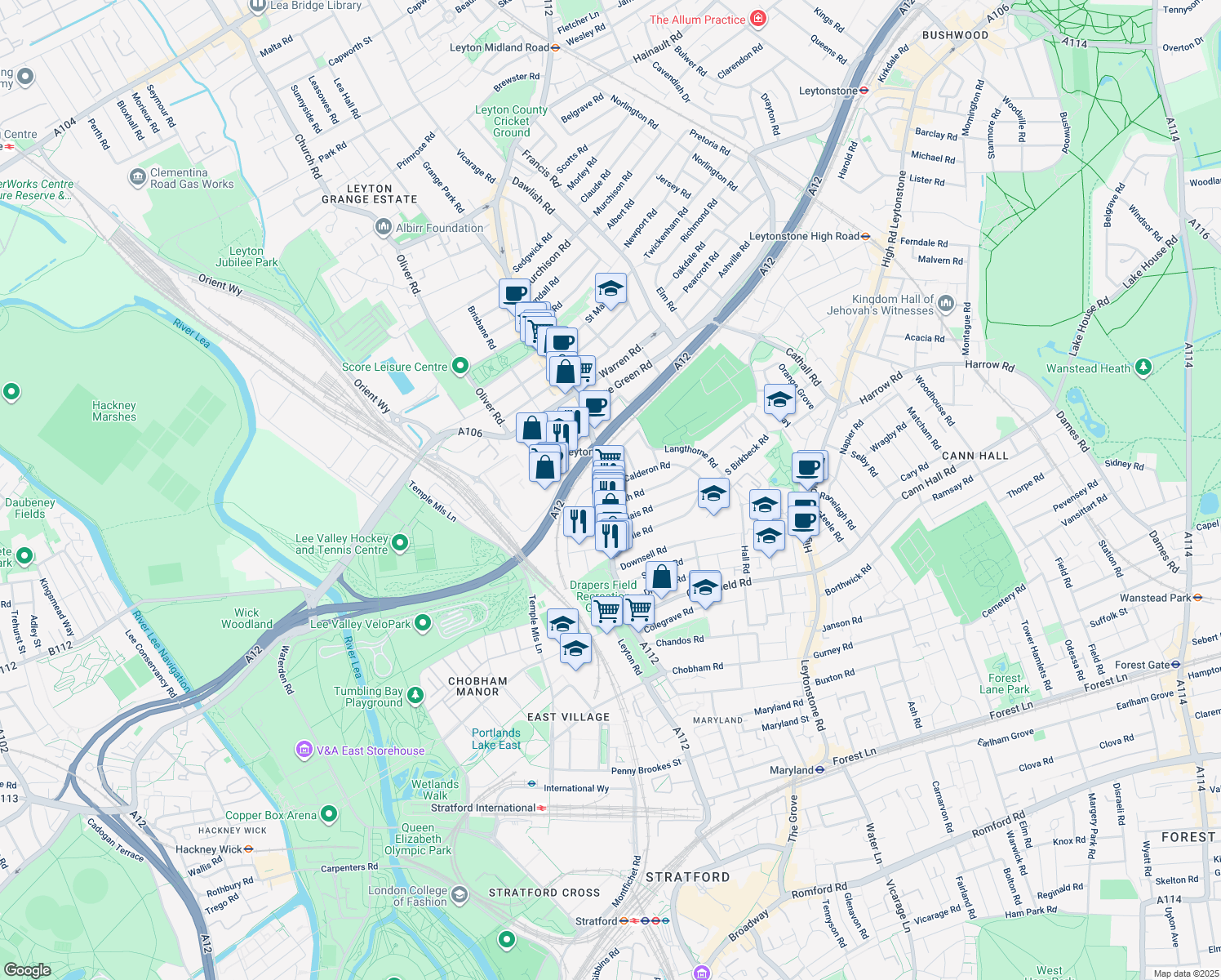 map of restaurants, bars, coffee shops, grocery stores, and more near 11 Frith Road in Greater London