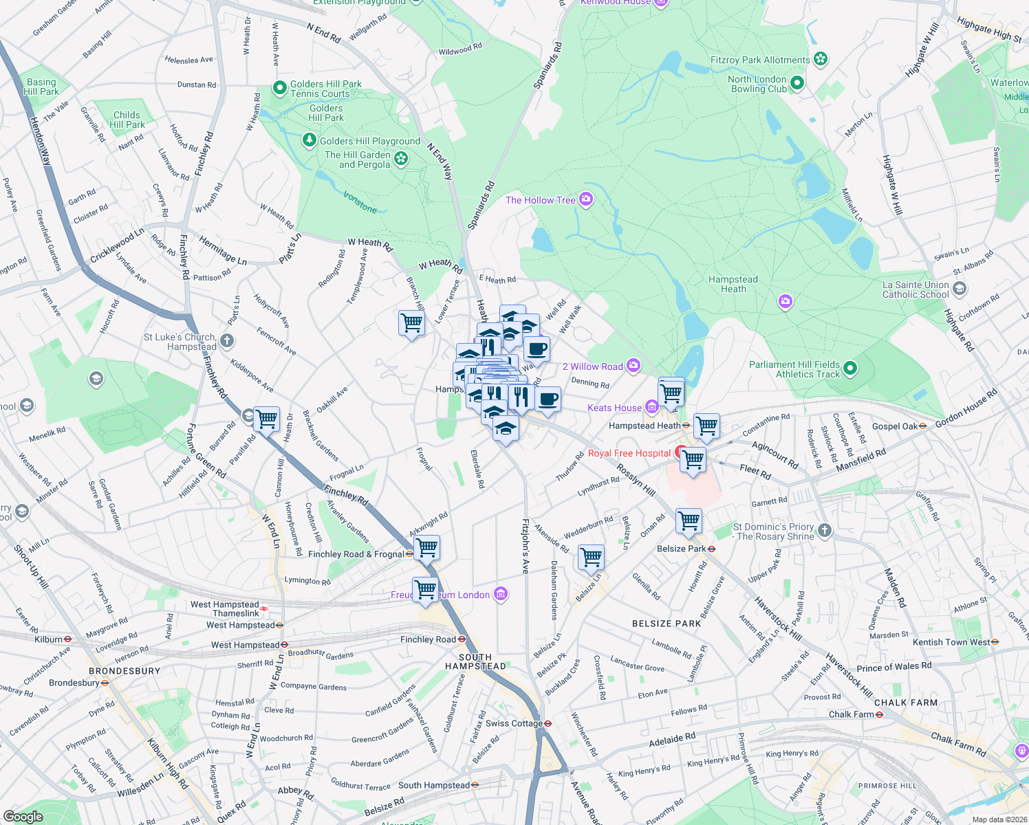 map of restaurants, bars, coffee shops, grocery stores, and more near Hampstead High Street in Greater London
