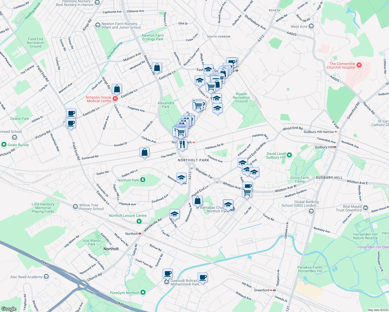 map of restaurants, bars, coffee shops, grocery stores, and more near Dorchester Road in Greater London