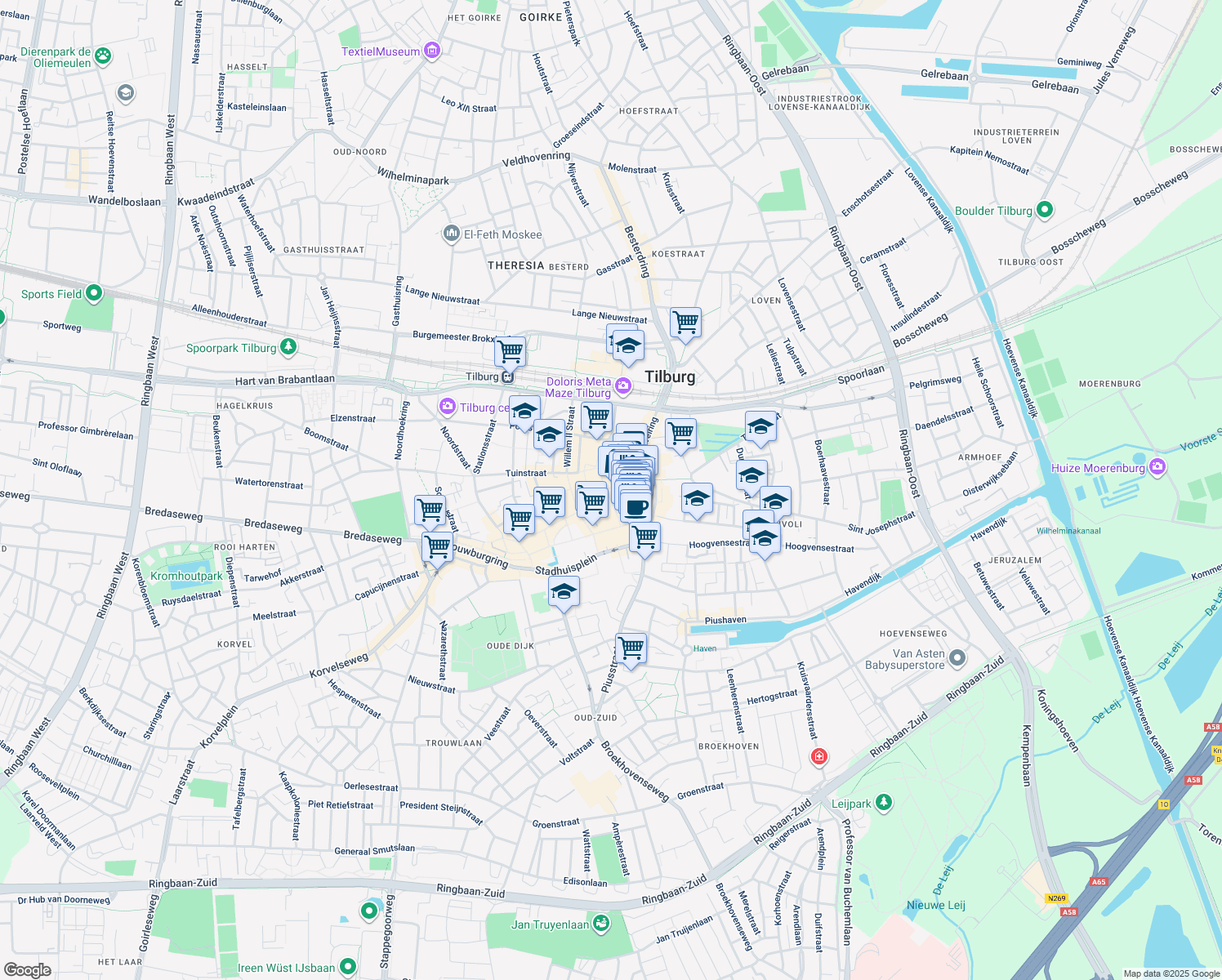 map of restaurants, bars, coffee shops, grocery stores, and more near 16 Heuvelstraat in Tilburg