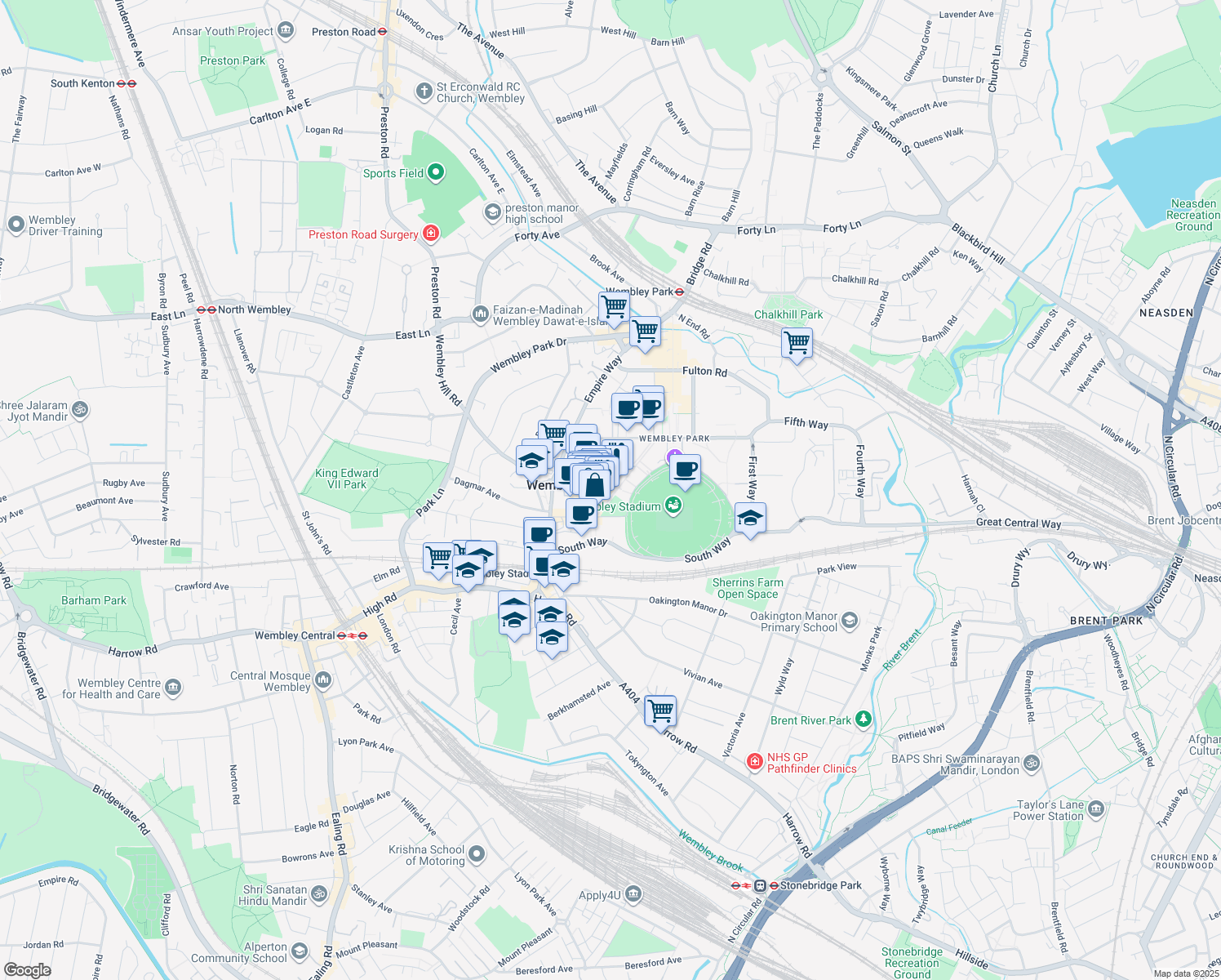 map of restaurants, bars, coffee shops, grocery stores, and more near Wembley Park Boulevard in Greater London