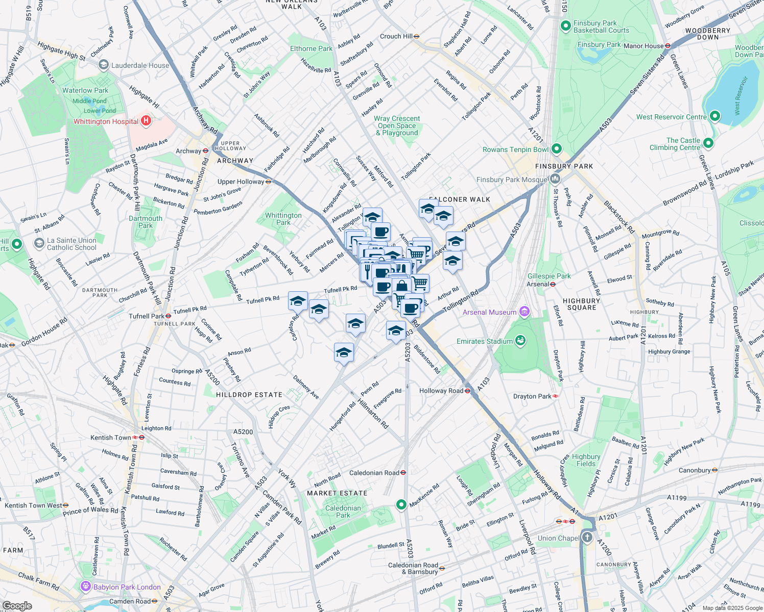 map of restaurants, bars, coffee shops, grocery stores, and more near Holloway Road in London