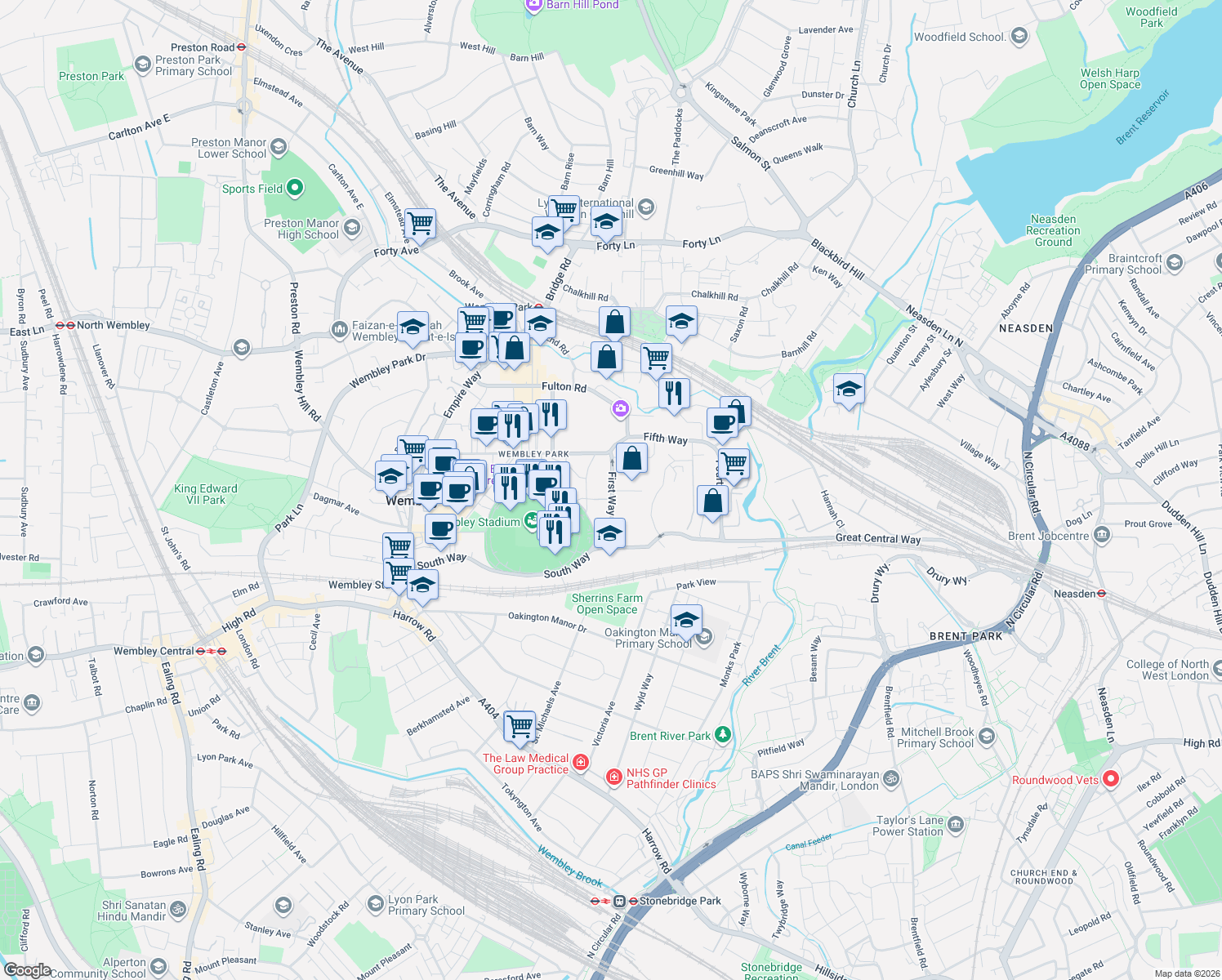 map of restaurants, bars, coffee shops, grocery stores, and more near First Way in London