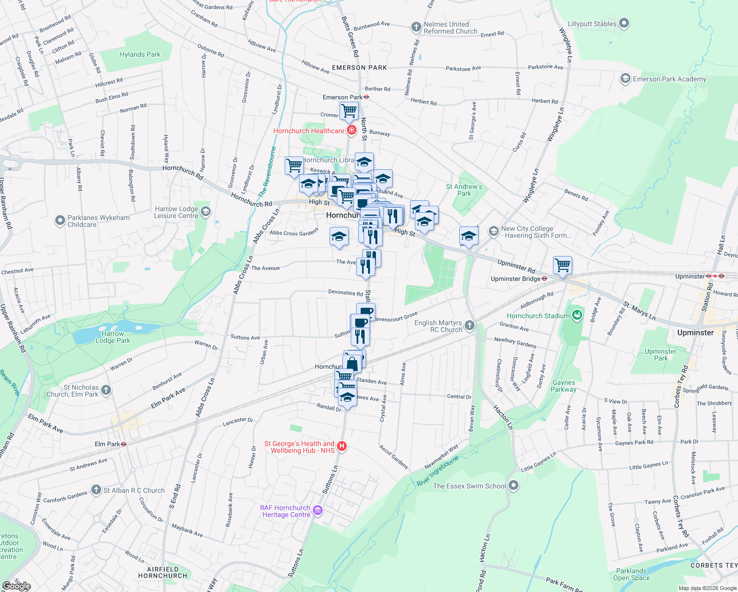 map of restaurants, bars, coffee shops, grocery stores, and more near  in Hornchurch