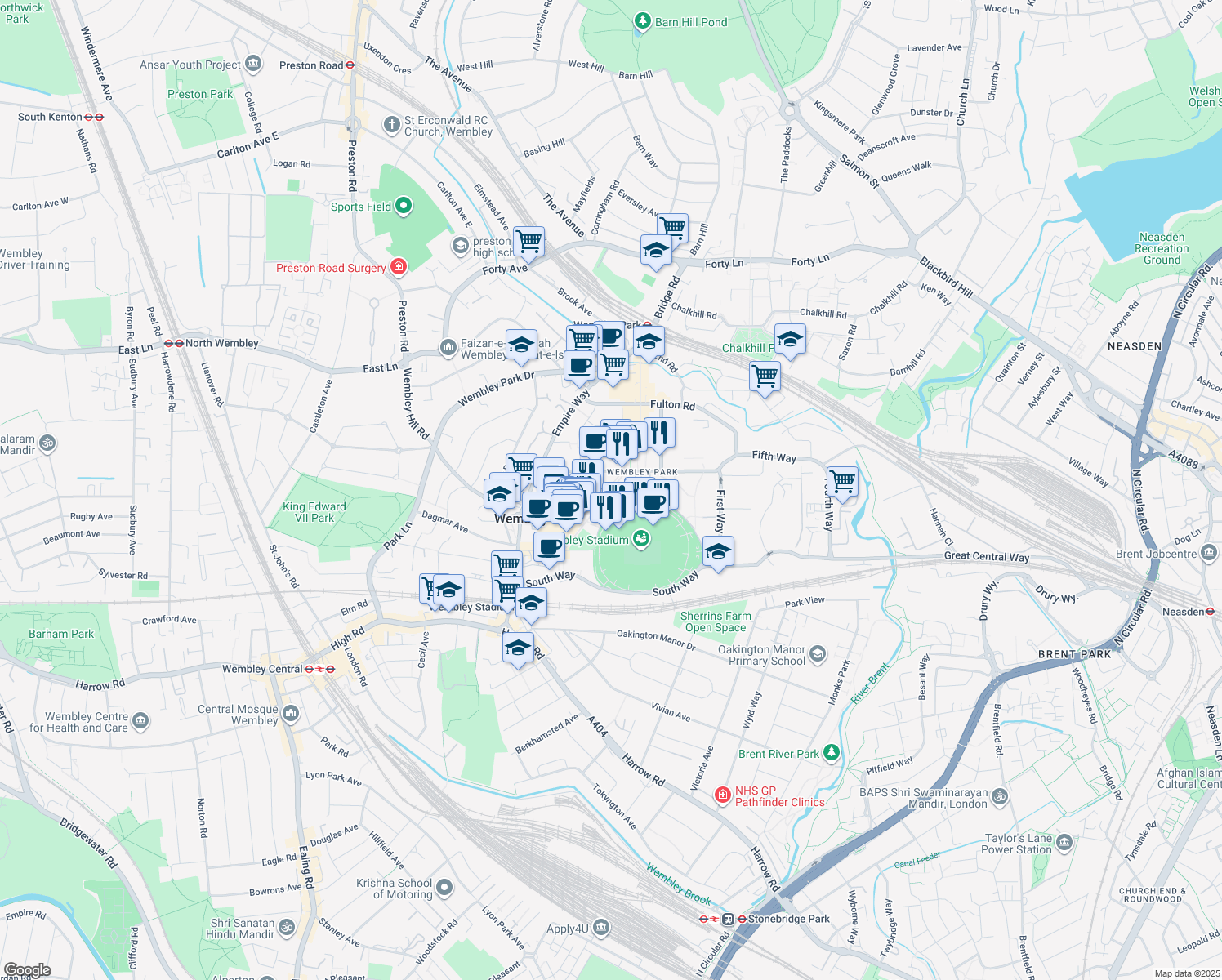 map of restaurants, bars, coffee shops, grocery stores, and more near Wembley Park Boulevard in Greater London