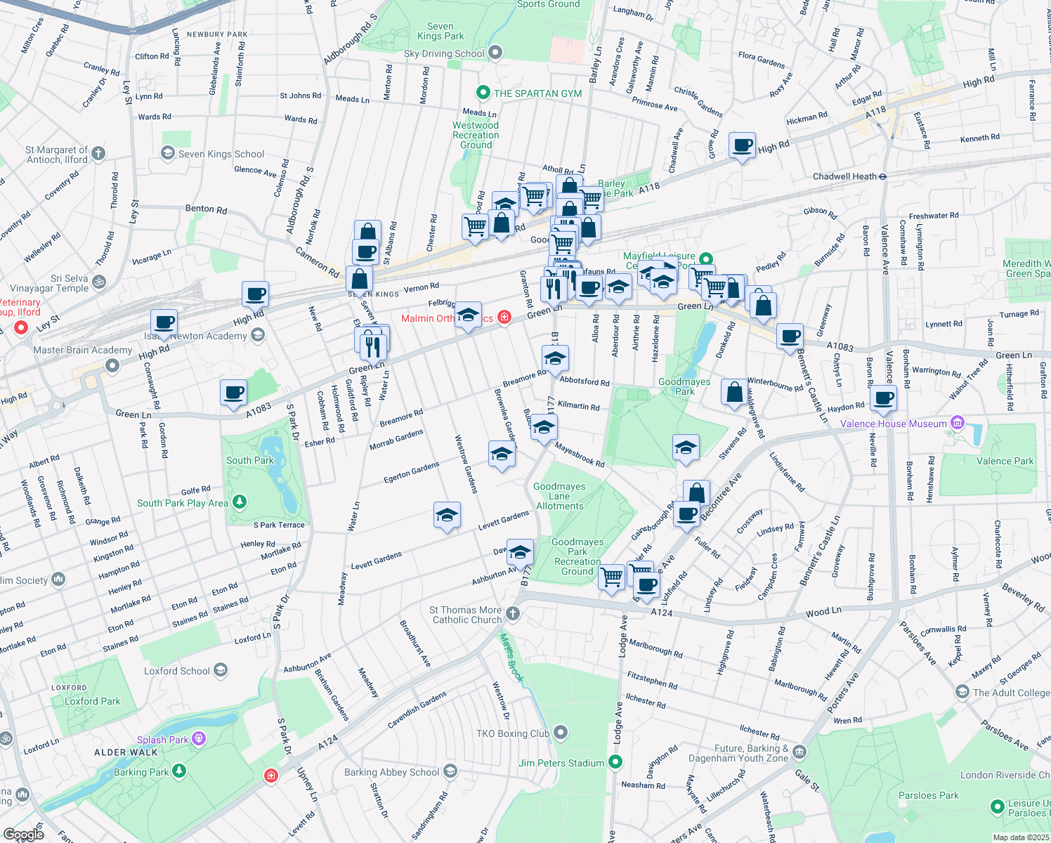 map of restaurants, bars, coffee shops, grocery stores, and more near Budoch Drive in Greater London