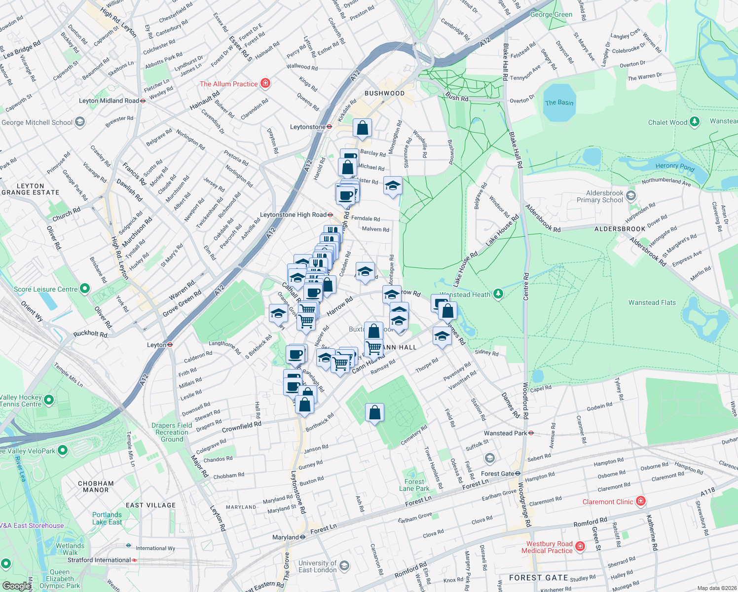 map of restaurants, bars, coffee shops, grocery stores, and more near in London