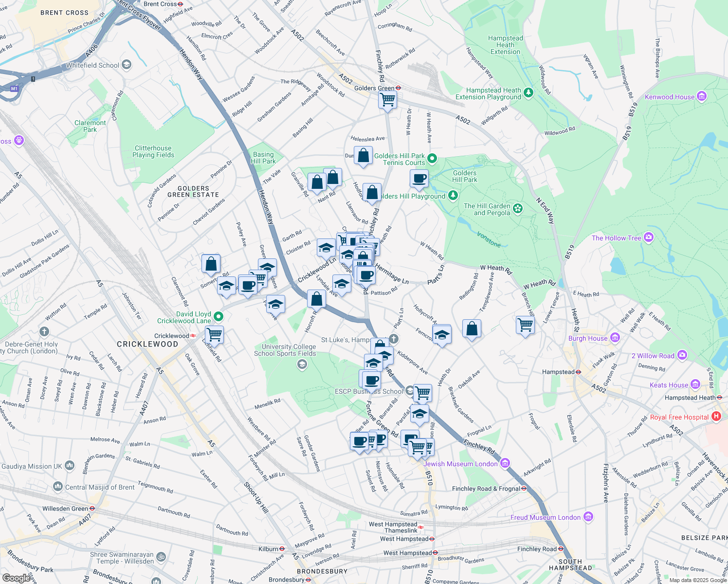 map of restaurants, bars, coffee shops, grocery stores, and more near  in Greater London