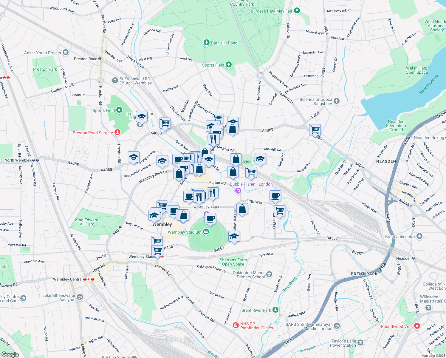 map of restaurants, bars, coffee shops, grocery stores, and more near 577 North End Road in London