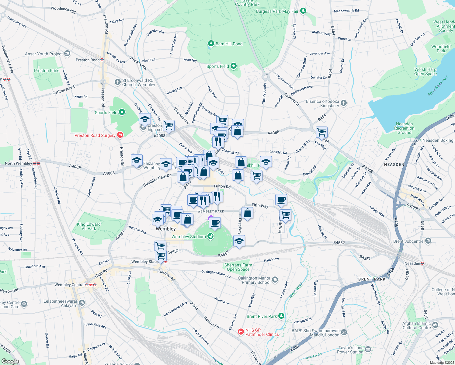 map of restaurants, bars, coffee shops, grocery stores, and more near 577 North End Road in London