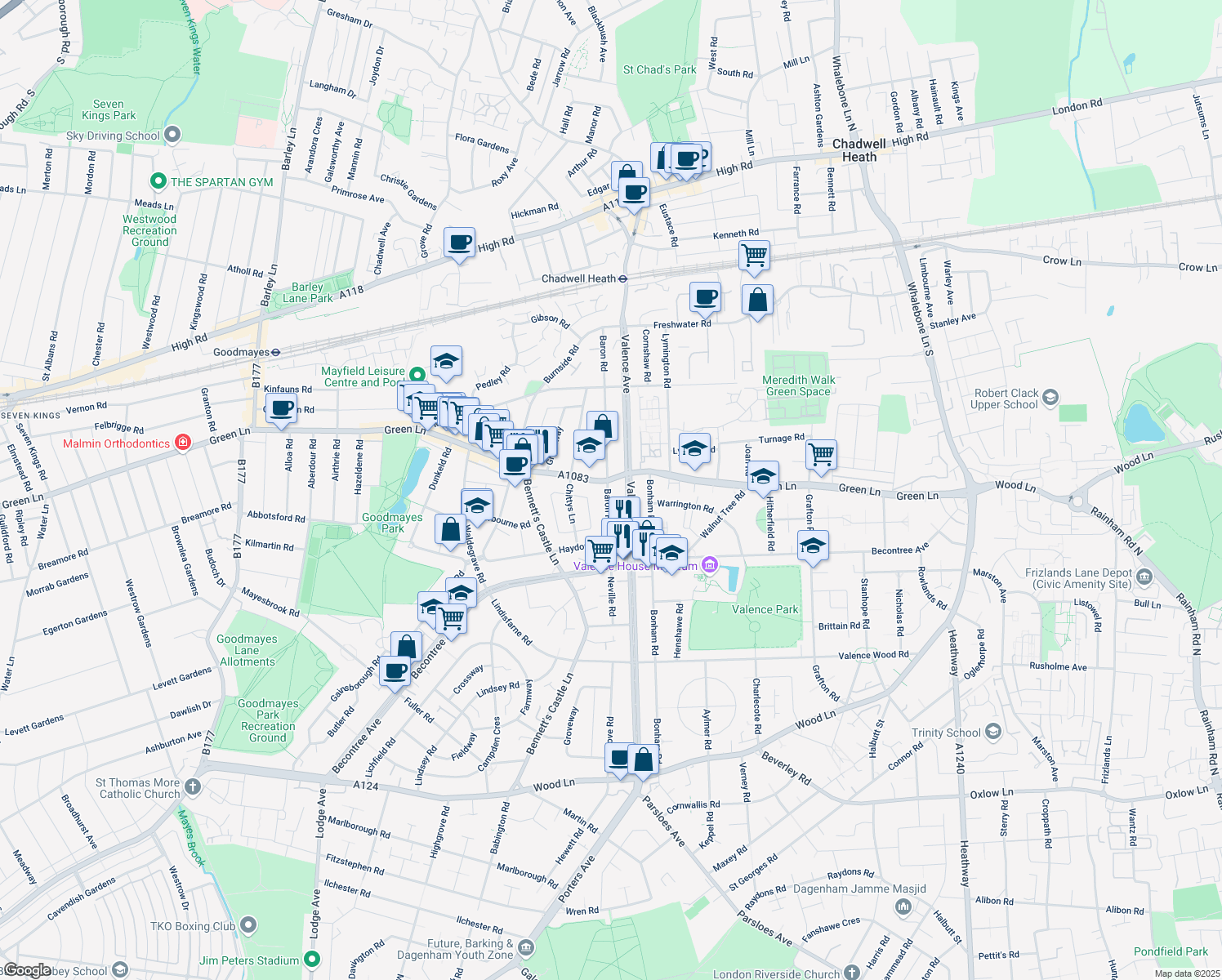 map of restaurants, bars, coffee shops, grocery stores, and more near 155 Baron Road in Greater London