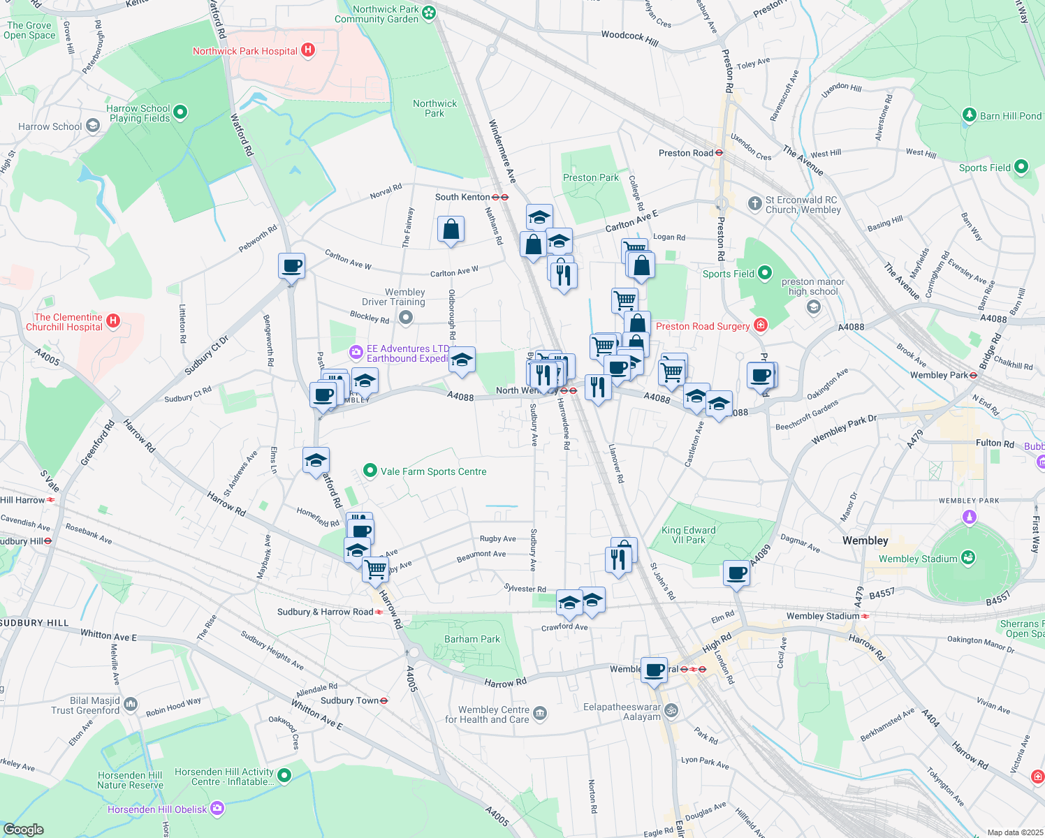 map of restaurants, bars, coffee shops, grocery stores, and more near Conifer Way in Greater London