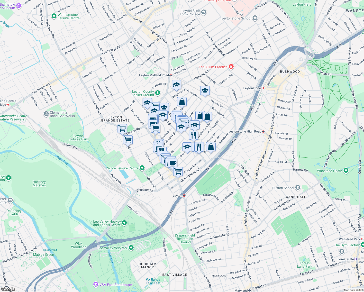 map of restaurants, bars, coffee shops, grocery stores, and more near 187 Huxley Road in Greater London