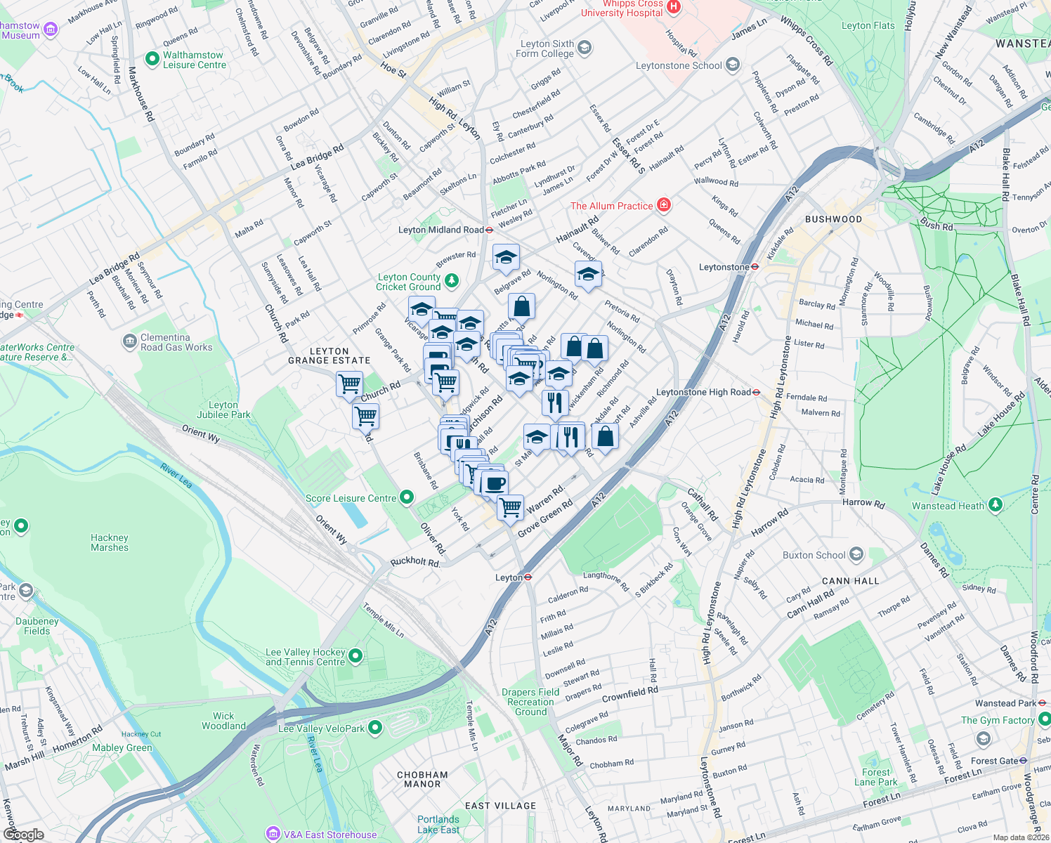 map of restaurants, bars, coffee shops, grocery stores, and more near 187 Huxley Road in Greater London