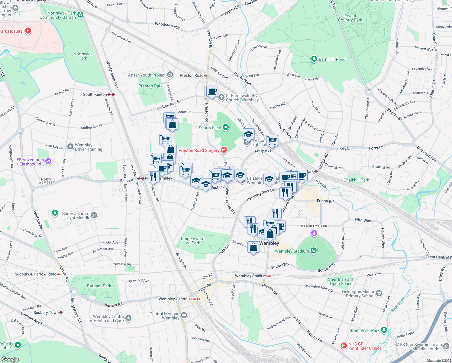 map of restaurants, bars, coffee shops, grocery stores, and more near Preston Road in Greater London