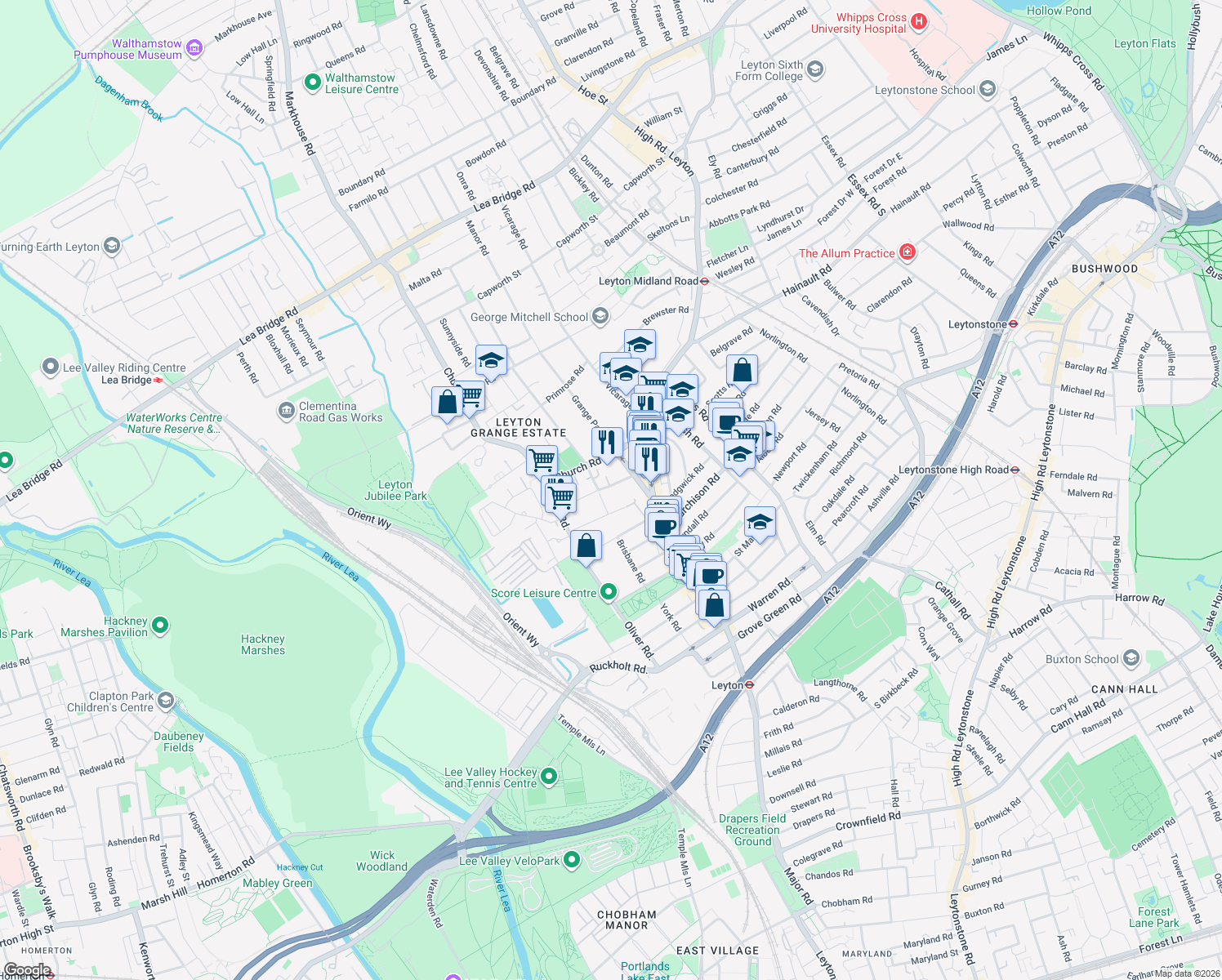 map of restaurants, bars, coffee shops, grocery stores, and more near in Greater London