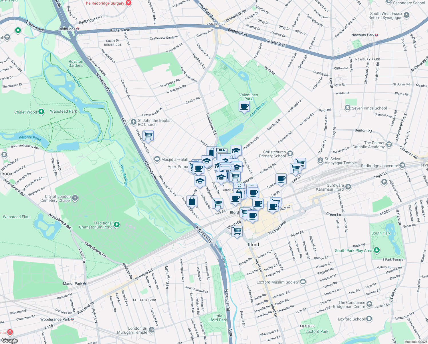 map of restaurants, bars, coffee shops, grocery stores, and more near in Ilford