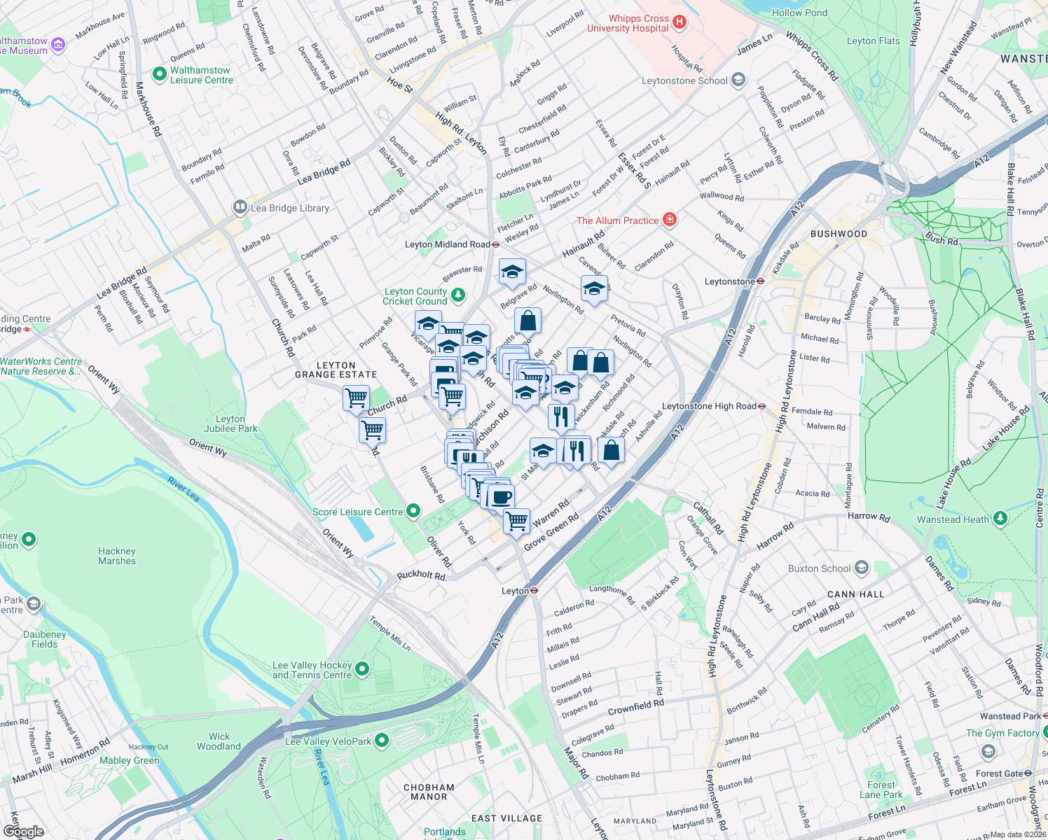 map of restaurants, bars, coffee shops, grocery stores, and more near 187 Huxley Road in Greater London