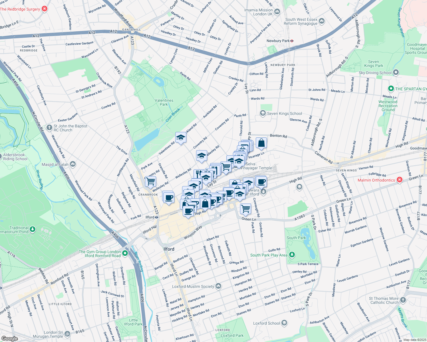 map of restaurants, bars, coffee shops, grocery stores, and more near in Ilford