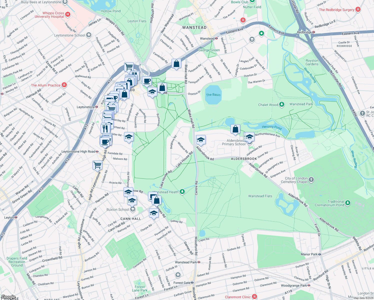 map of restaurants, bars, coffee shops, grocery stores, and more near 31 Blake Hall Crescent in Greater London