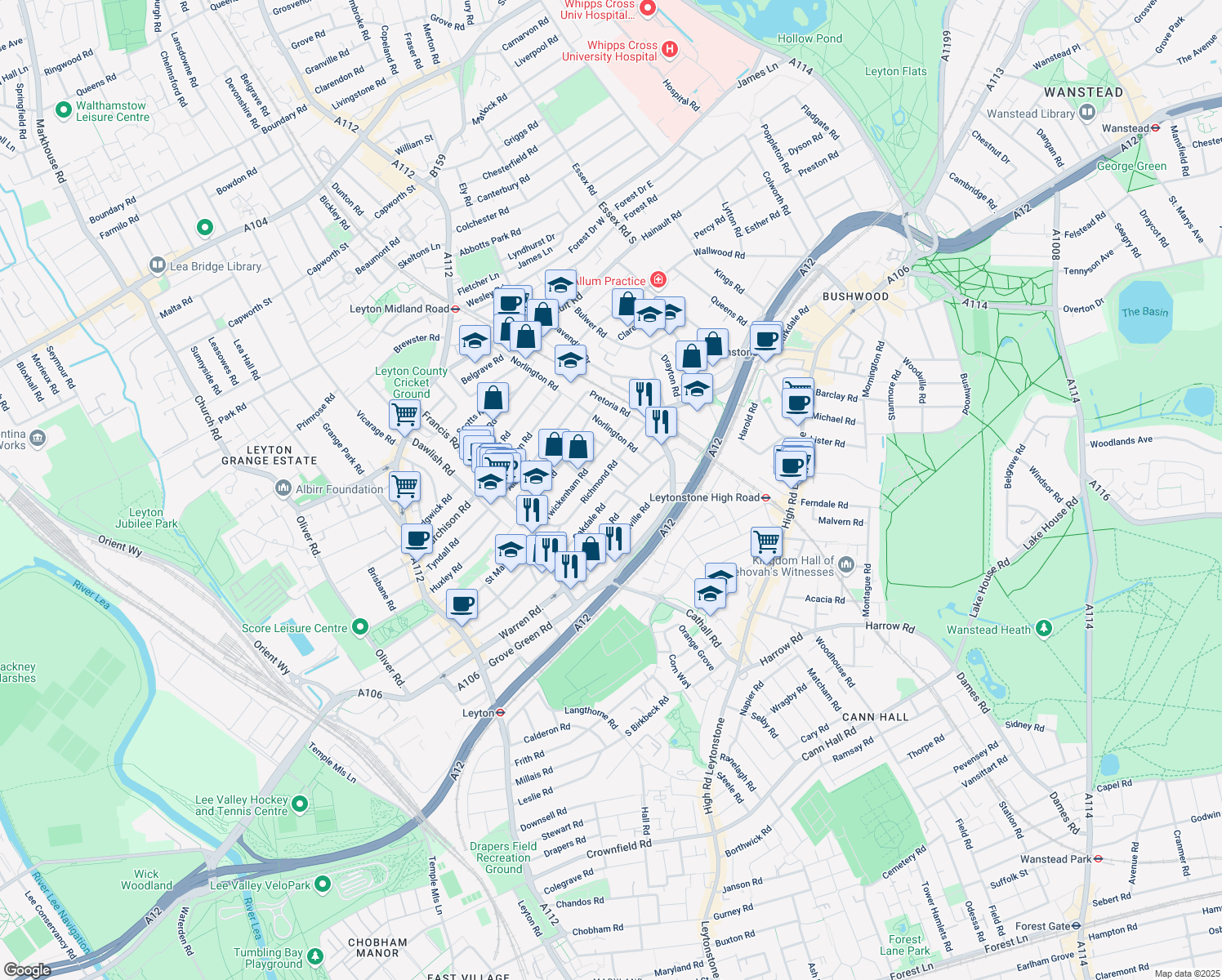 map of restaurants, bars, coffee shops, grocery stores, and more near 134 Oakdale Road in Greater London
