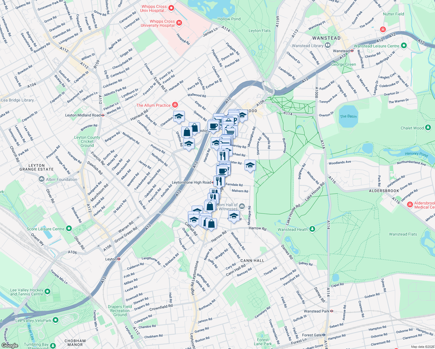 map of restaurants, bars, coffee shops, grocery stores, and more near in Greater London