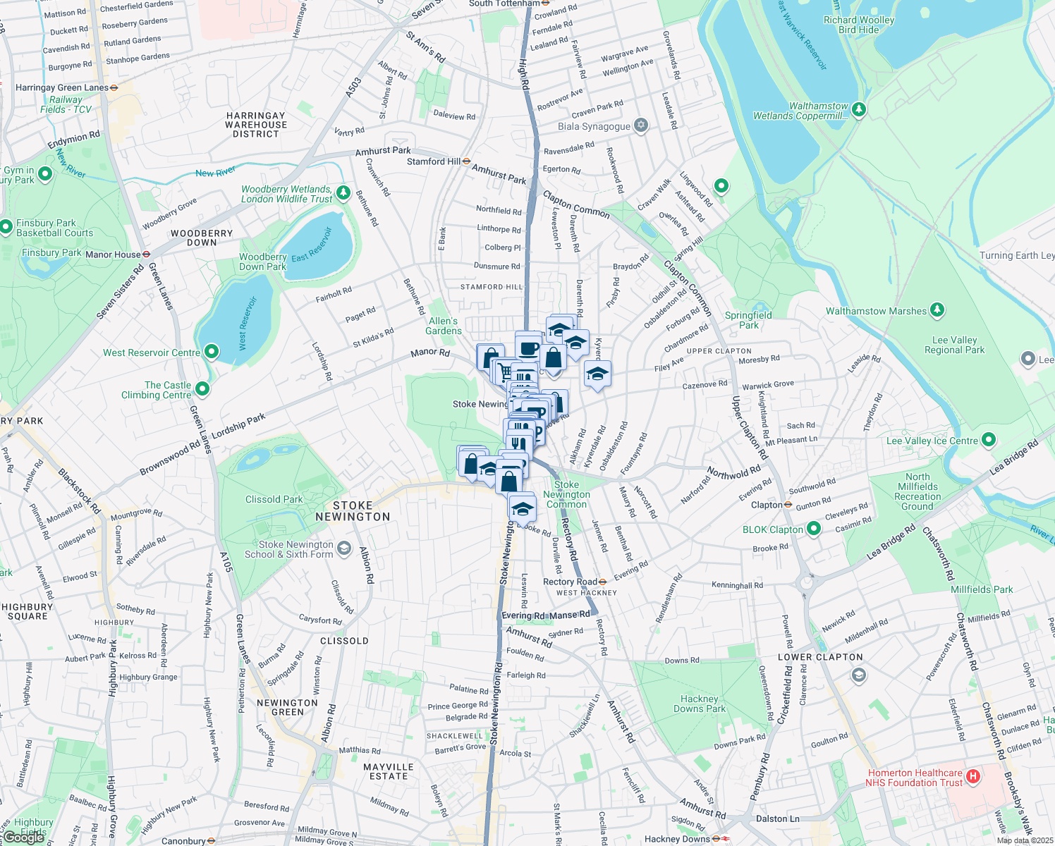 map of restaurants, bars, coffee shops, grocery stores, and more near Stamford Hill in Greater London