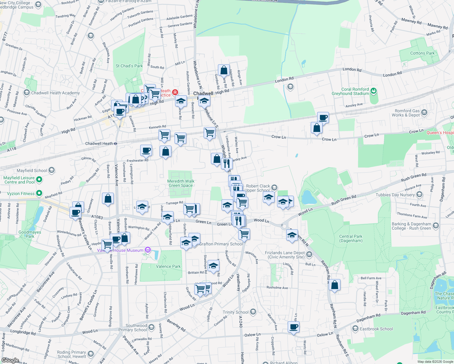 map of restaurants, bars, coffee shops, grocery stores, and more near Purland Close in Greater London