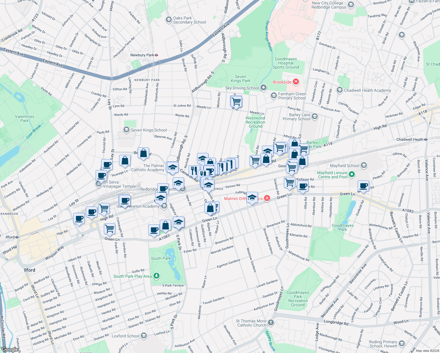 map of restaurants, bars, coffee shops, grocery stores, and more near in Greater London