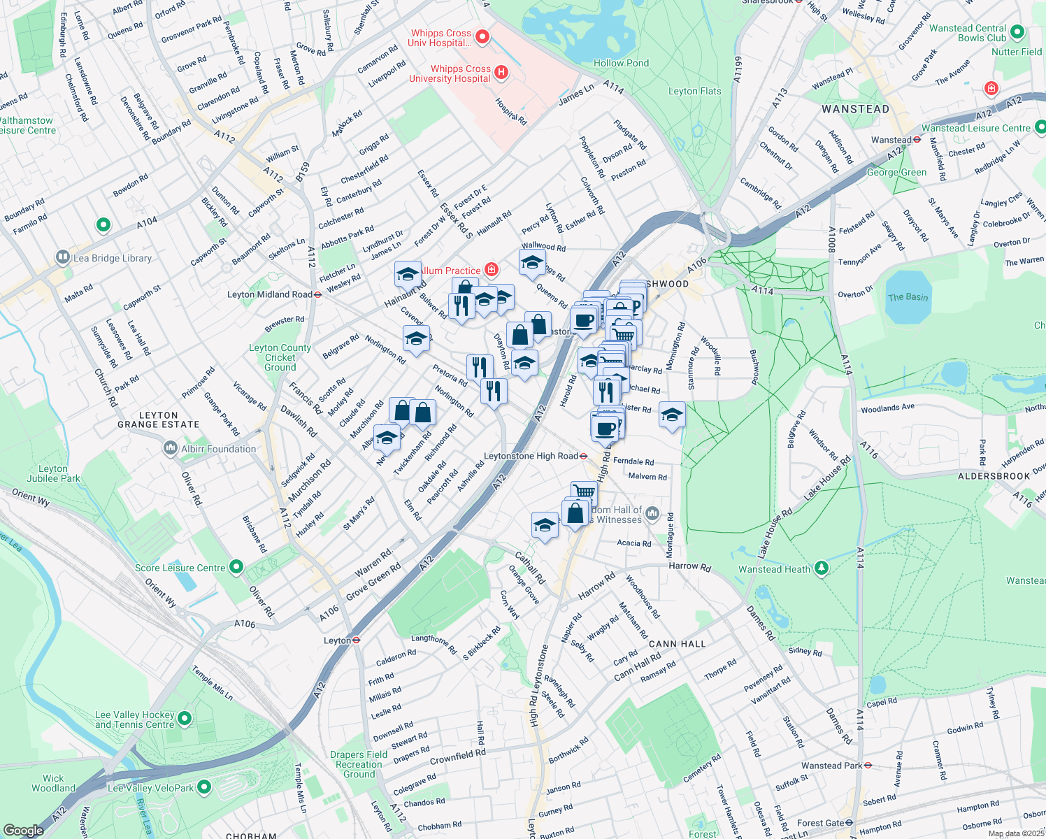 map of restaurants, bars, coffee shops, grocery stores, and more near in Greater London