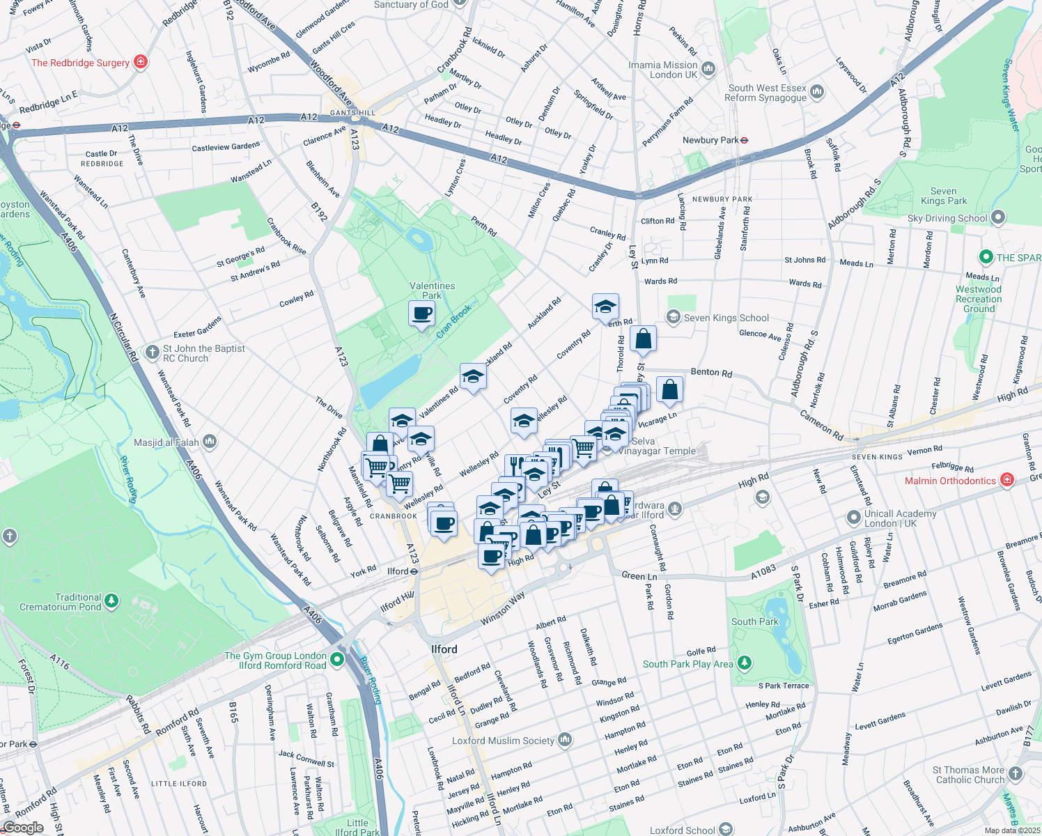 map of restaurants, bars, coffee shops, grocery stores, and more near 22 Christchurch Road in Greater London